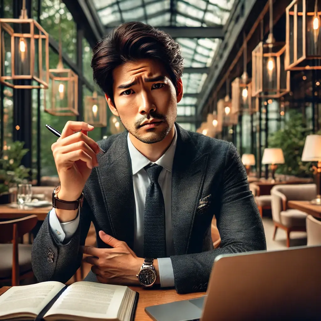 DALL·E 2024-11-08 14.17.12 - A photo-realistic image of a professional Asian man in his mid-30s, sitting in a modern, upscale cafe with an elegant, industrial design featuring gla