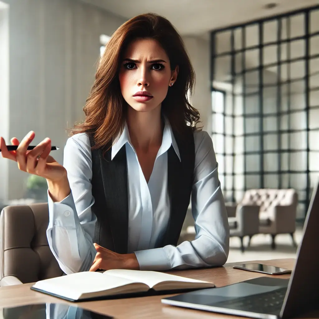 DALL·E 2024-11-08 14.18.14 - A photo-realistic image of a professional Caucasian woman in her mid-30s, sitting in a modern office with an elegant, corporate design. She looks visi