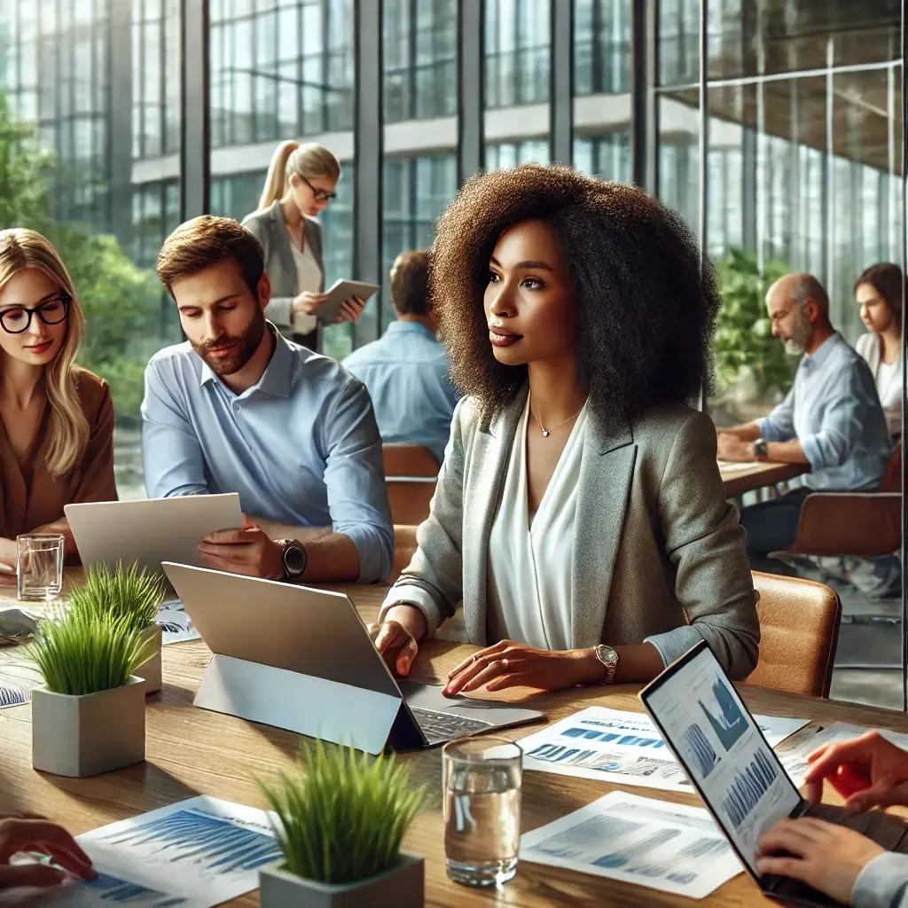 DALL·E 2024-11-14 12.58.40 - A hyper-realistic image of an African American woman collaborating with colleagues in a modern office setting. She is seated at a large table, deeply 