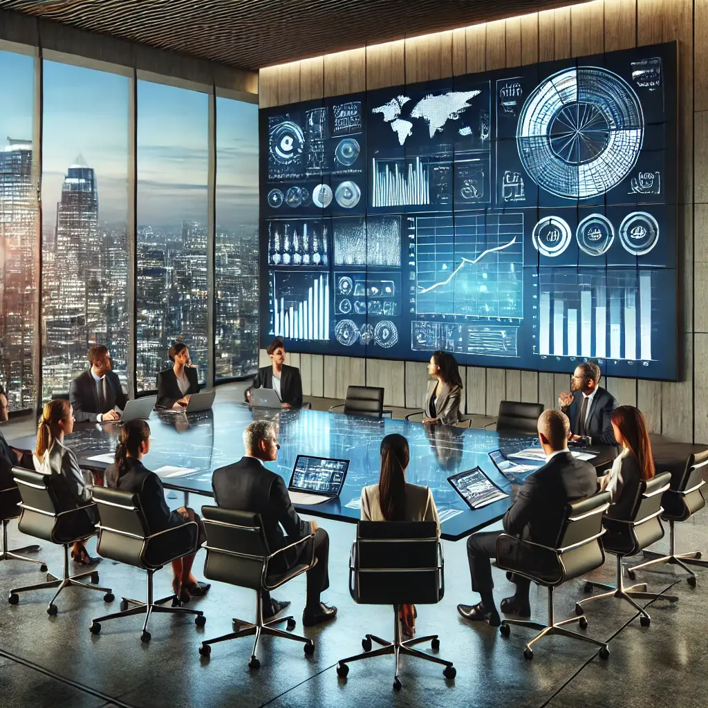 DALL·E 2025-01-14 15.25.55 - A diverse group of professionals having a meeting in a high-tech boardroom with a large digital screen displaying charts and data. The setting include