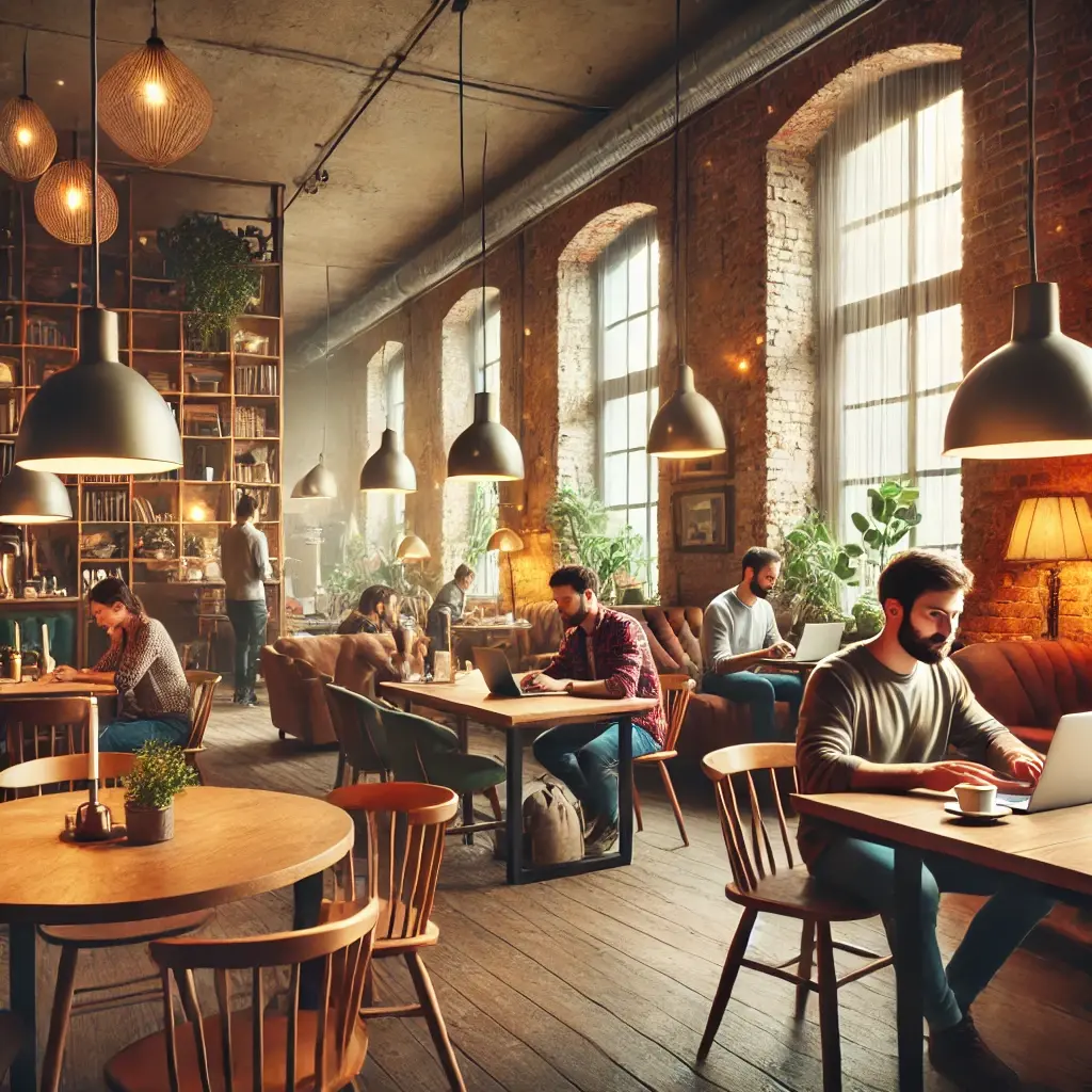 DALL·E 2025-02-18 15.51.53 - A cozy, rustic café-style coworking space with a warm and inviting atmosphere. The space features exposed brick walls, wooden tables, and soft hanging