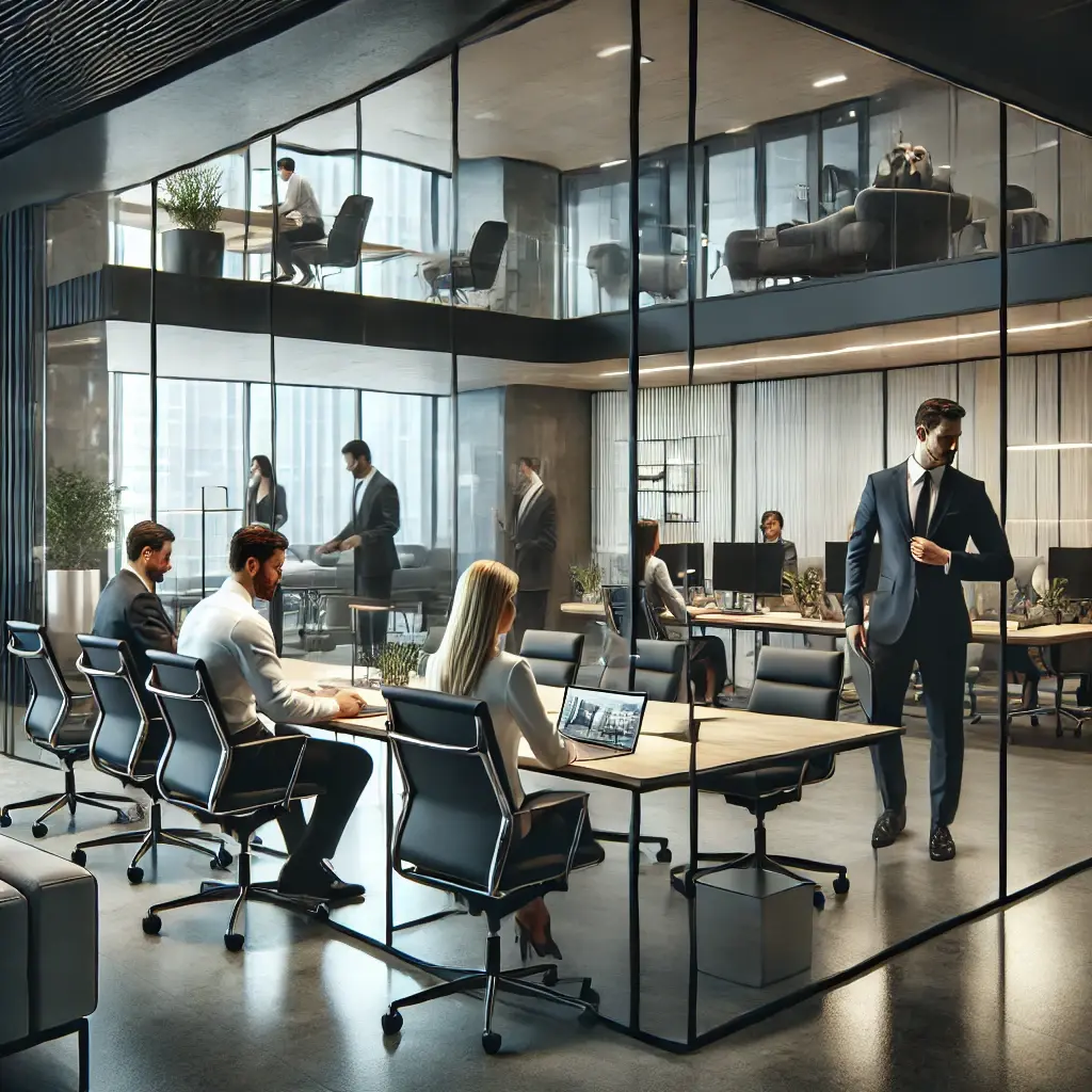 DALL·E 2025-02-18 15.52.44 - A sleek corporate coworking space with a professional yet modern design. The space features glass-walled meeting rooms, ergonomic workstations, and co