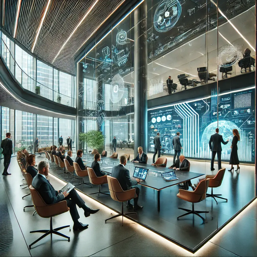 DALL·E 2025-02-18 15.54.55 - A cutting-edge corporate innovation hub designed for high-level business collaboration. The space features sleek, futuristic architecture with smart t