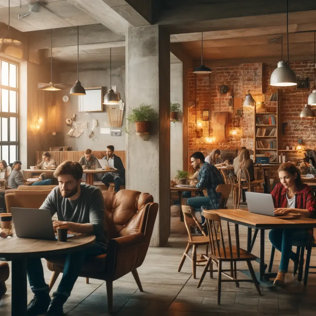 DALL·E 2025-03-04 15.15.44 - A cozy industrial-style coworking café with exposed brick walls, warm lighting, and wooden furniture. Entrepreneurs and freelancers are working on lap