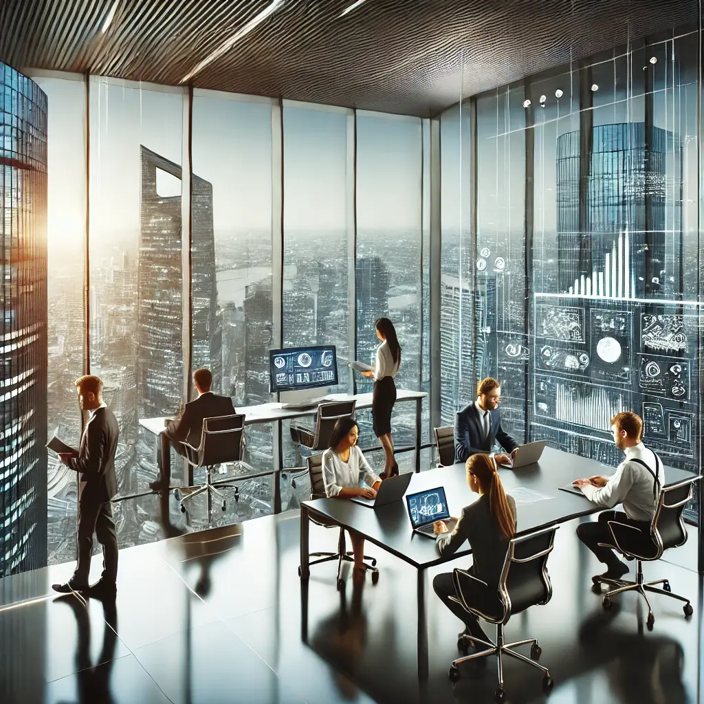 DALL·E 2025-03-12 16.26.15 - A high-rise office with a stunning city view where professionals are working at modern desks, engaged in discussions, and using laptops in a sleek, fu